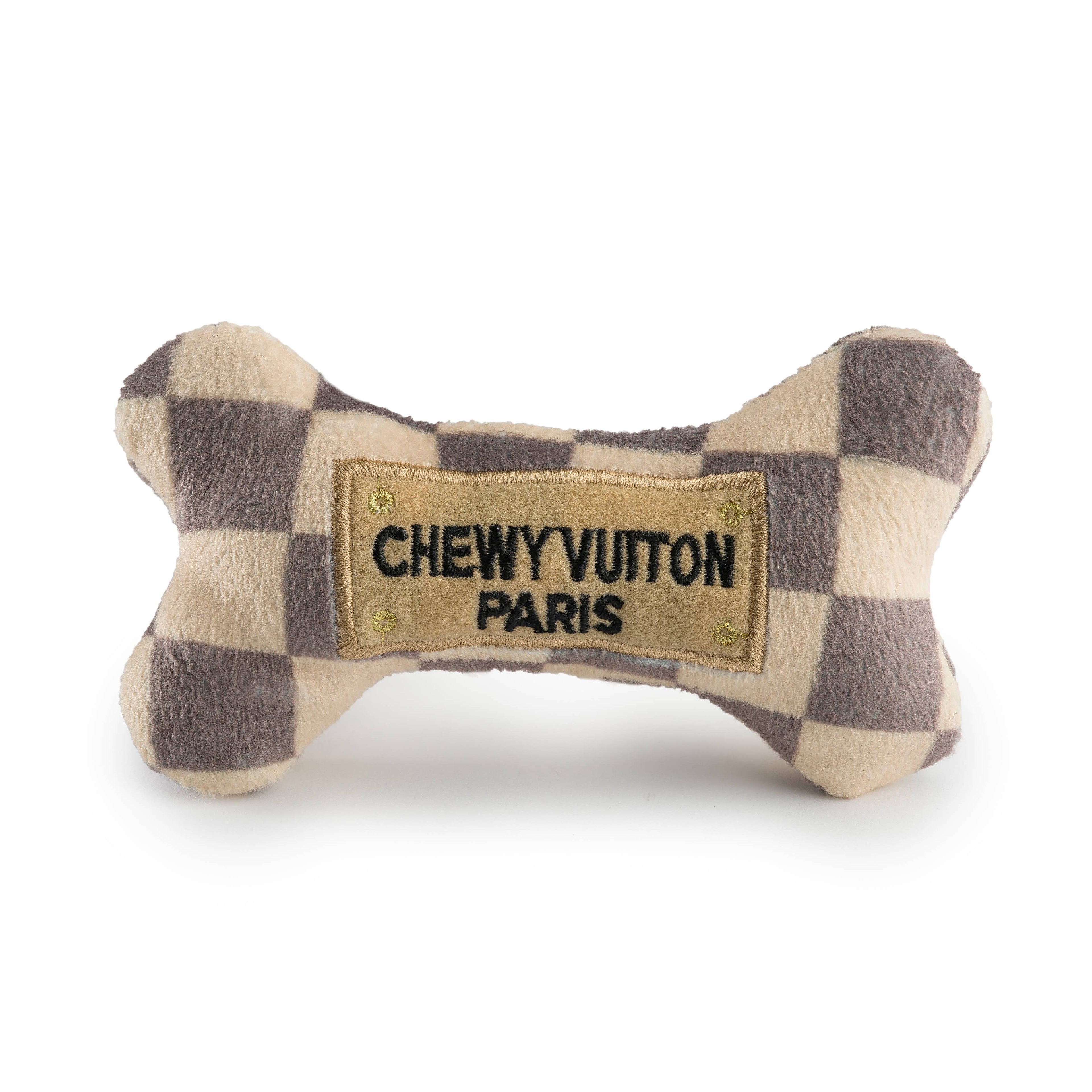 Tan Checker Chewy Vuiton Bones Squeaker Dog Toy: Large