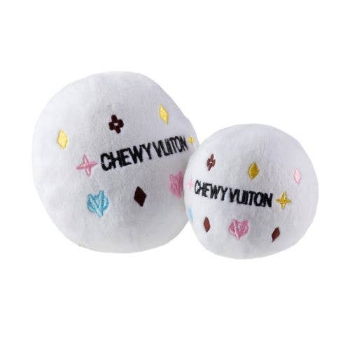 White Chewy Vuiton Ball Squeaker Dog Toy: Small / Mini