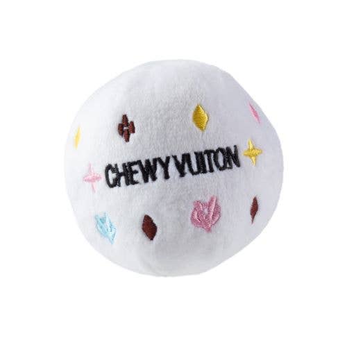 White Chewy Vuiton Ball Squeaker Dog Toy: Small / Mini